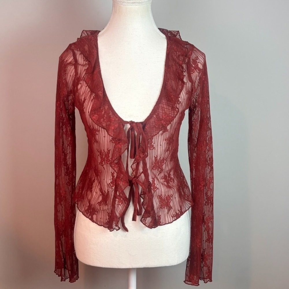 Thirty Thirty Womens Red Sheer Floral Tie Boho Fairy Whimsigoth Y2K Top Small